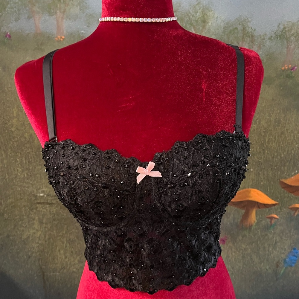 Elegant Black Lace Bustier with Pink Bow